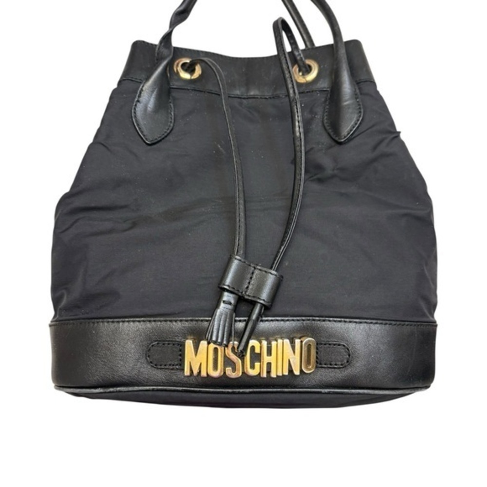 Moschino black nylon and leather vintage drawstring bucket bag
